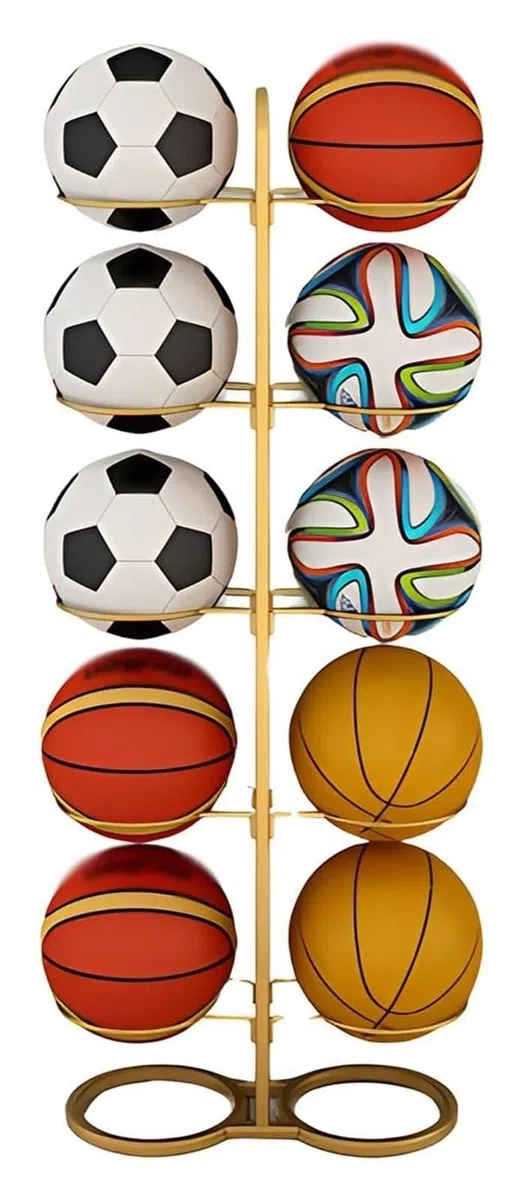 5-poziomowy dwustronny pionowy stojak na piłki, metalowy organizer do przechowywania koszykówki, piłki nożnej i sprzętu sportowego, stylowy stojak ekspozycyjny do użytku domowego i na siłownię