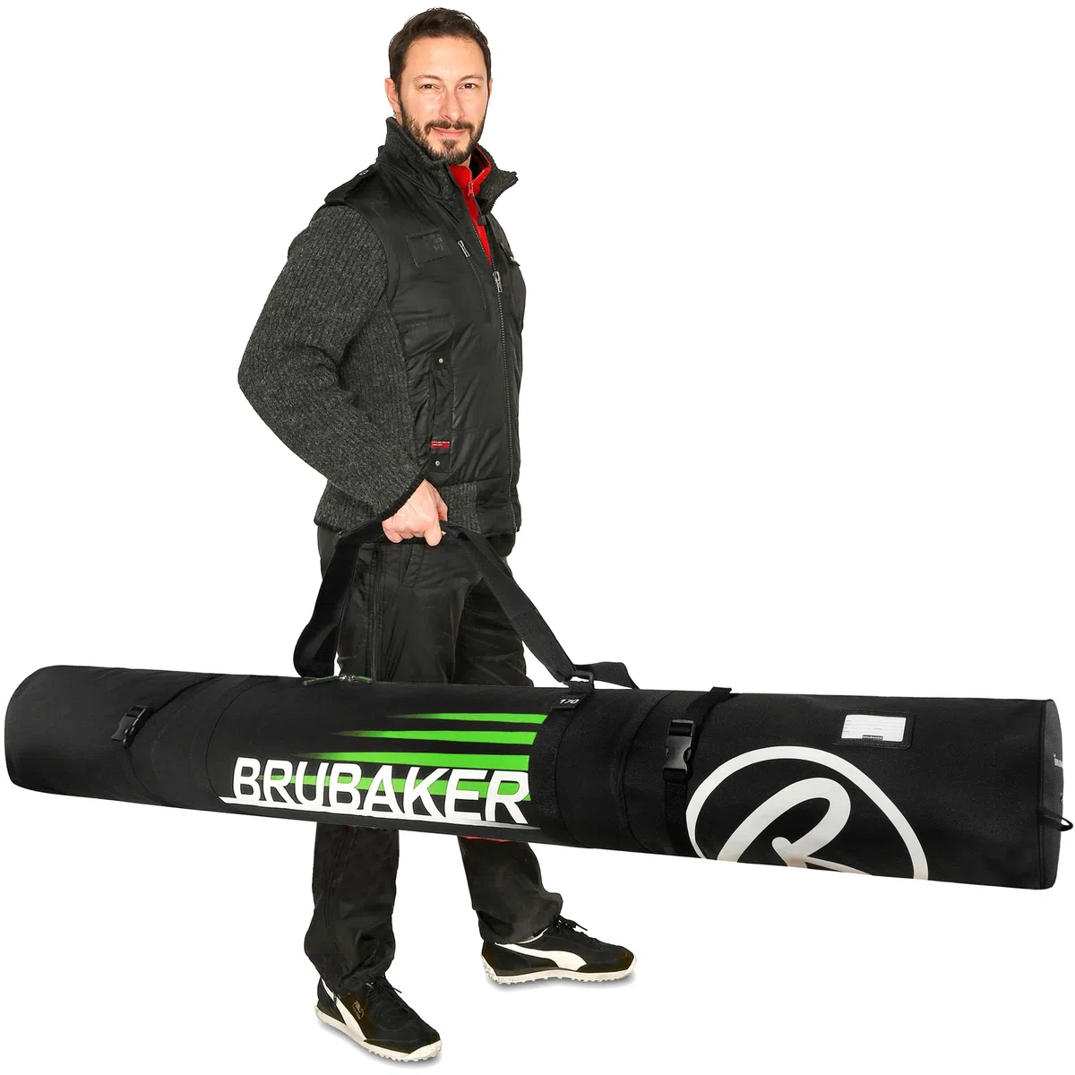 Brubaker Zestaw narciarski 'Champion' - Pokrowiec na narty i torba na buty narciarskie dla 1 pary nartów + patyczków + butów + kask - 170 cm - czarny/zielony