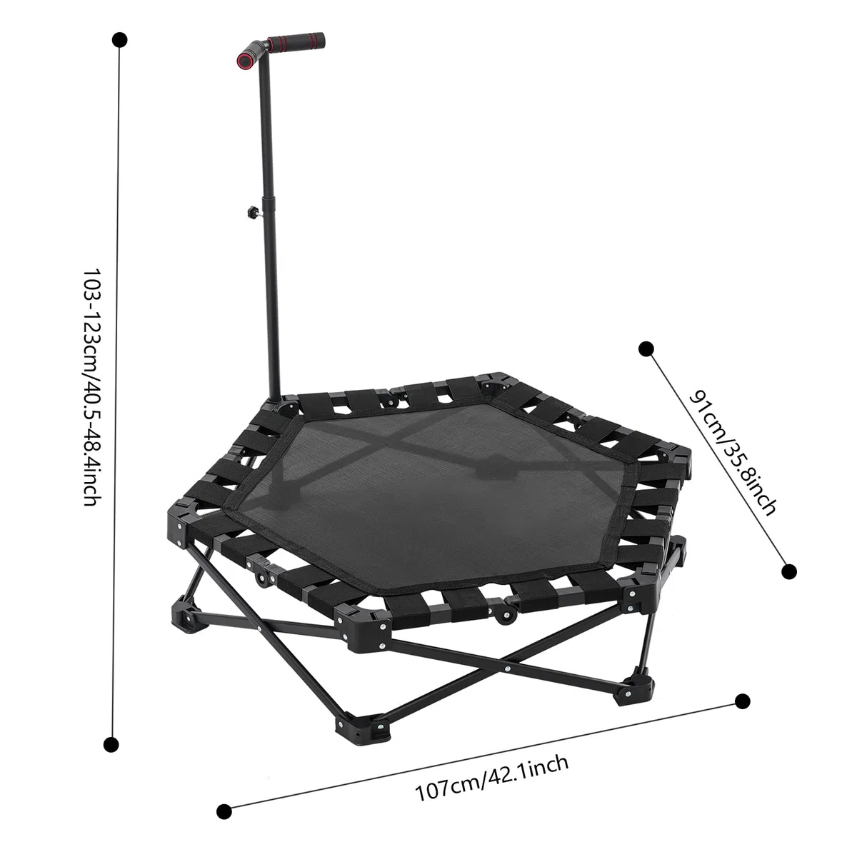 Składana mini trampolina fitness, dla dorosłych Ø 107 cm, 3 regulowane stopnie uchwytu, nośność 150 kg, stabilna i cicha (20 dB), do użytku wewnątrz i na zewnątrz